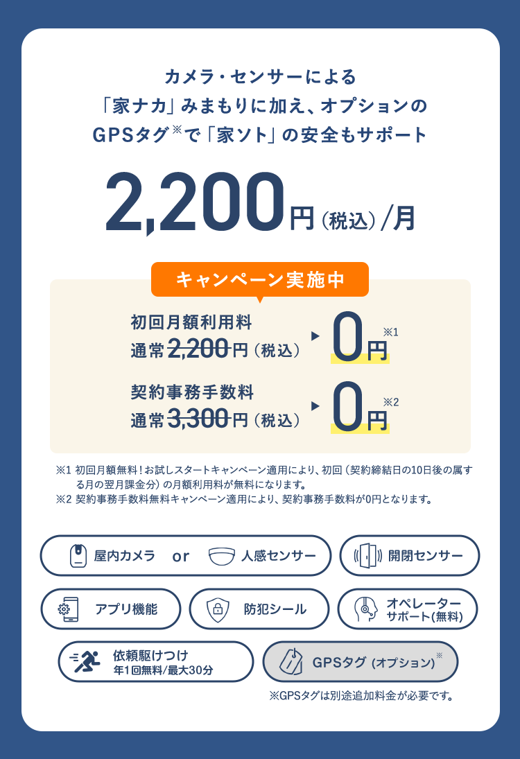 カメラセンサーによる
「家ナカ」 みまもりに加え、 オプションの
GPSタグ ※ で 「家ソト」 の安全もサポート